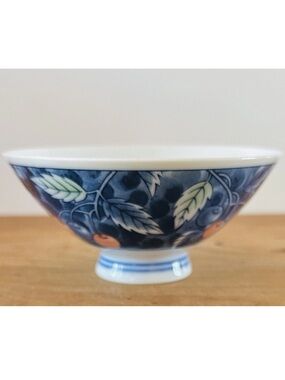 Vintage 1940s Blue Asian Rice Bowl Red Cherries Green Leaves